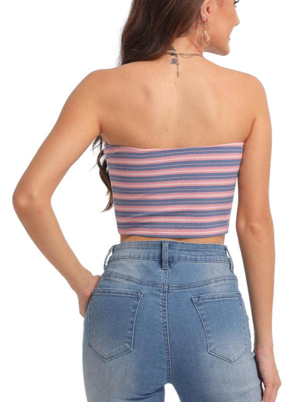 Women's Striped Print Backless Crop Tube Top, Fashion Casual Strapless Cropped Top, Back To School Outfits, Summer Tops, Ladies Clothes for Daily Wear