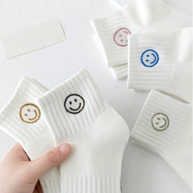 5pairs Set Women's Simple Ins Style White Smiling Face Short Socks