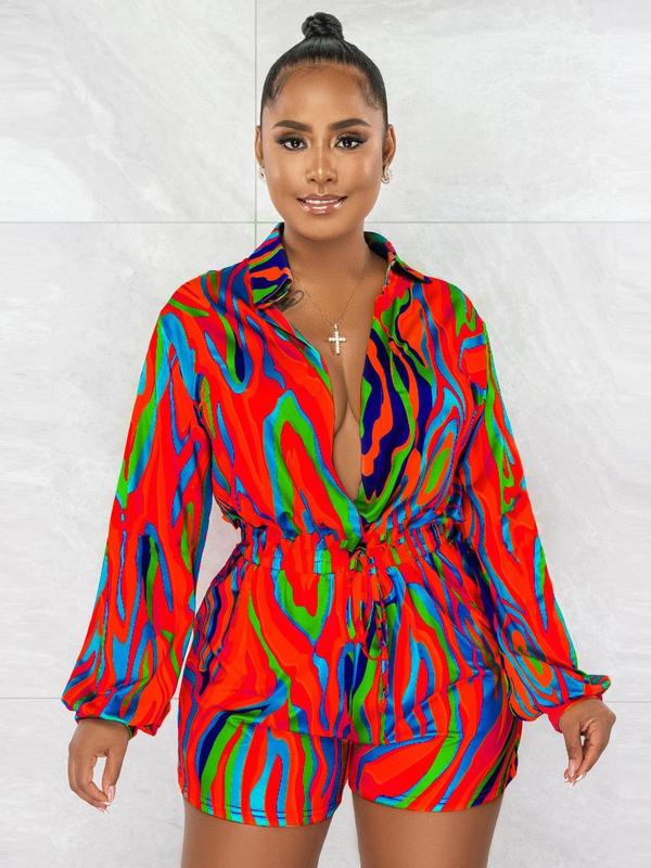 Women's All Over Print Bishop Sleeve Drawstring Romper, Casual Long Sleeve Collared Romper for Spring & Fall, Women's Clothes for Daily Wear