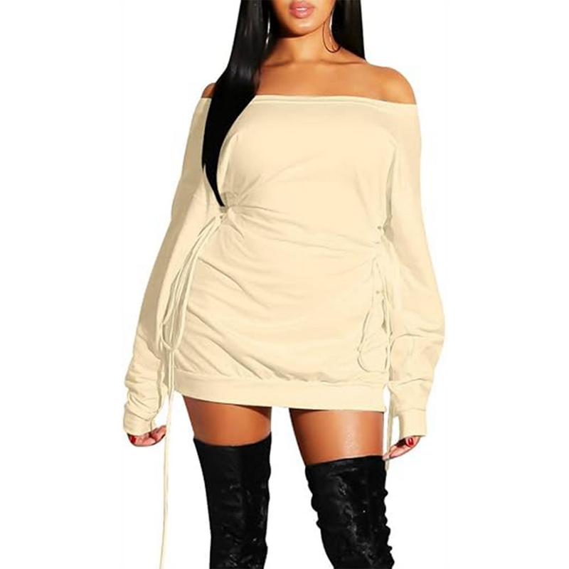 OYS  Women's Sexy Casual Off Shoulder Long Sleeve Lace Up Loose Club Mini Dress