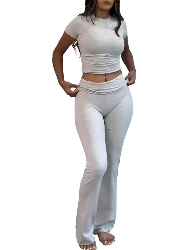 Casual Workout Two Piece Outfits for Women Short Sleeve Crop High Waist Foldover Flare Pants Tracksuit Sets Streetwear