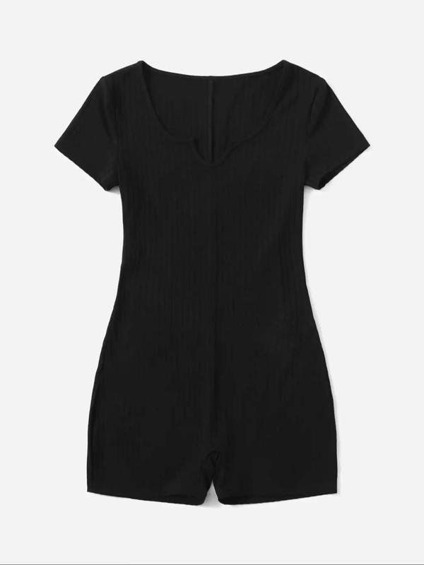 Women's Solid Notched Neck Romper, Casual Short Sleeve Romper for Summer, Fashion Women's Clothing for Daily Wear