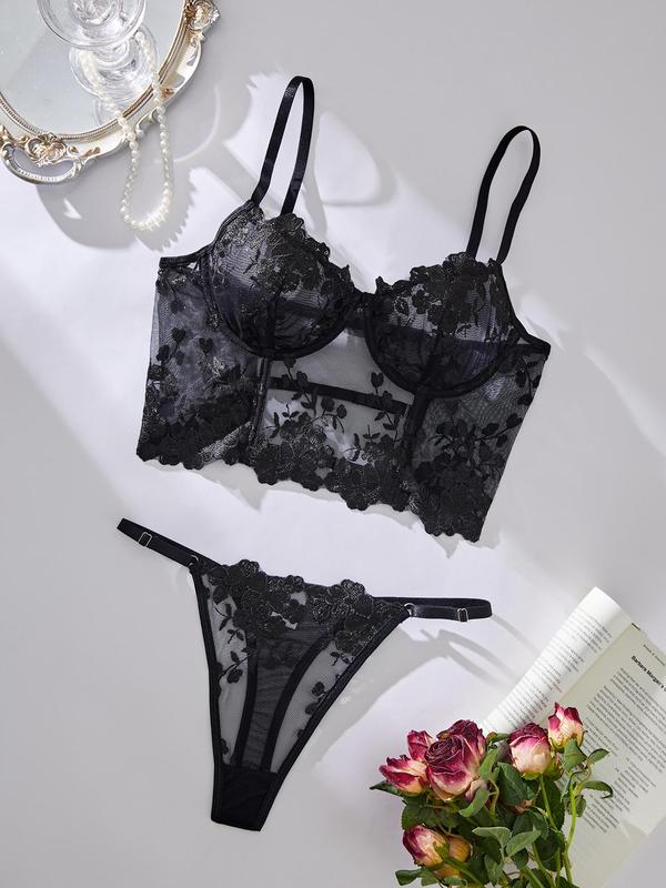 Women's Floral Embroidery Sheer Lace Bra & Thong Sexy Lingerie Set, Adjustable Strap Push Up Bra & Panty, Lingerie Set for Women