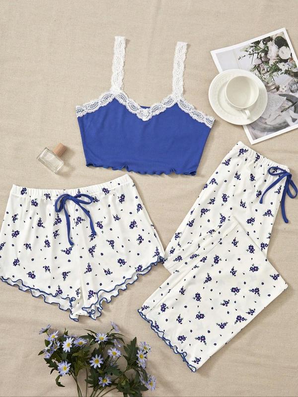 3 Counts Women's Ditsy Floral Print Contrast Lace Crop Cami Top & Bow Decor Shorts & Elastic Waist Pants Lettuce Trim Pyjama Set, Cute Nightwear, Summer Clothes, Camisole & Shorts & Trousers Pj Set, Summer Wear, Ladies Sleepwear for All Seasons