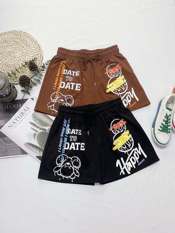 Women's Cartoon & Letter Print Drawstring Waist Shorts, Casual Elastic Waist Wide Leg Shorts for Daily Wear, Shorts for Women, Ladies Bottoms for All Seasons