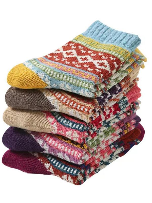 Women's Ethnic Pattern Mid-calf Socks, 5 Pairs Casual Soft Comfy Breathable Socks for Fall & Winter, Women's Socks for Daily Wear