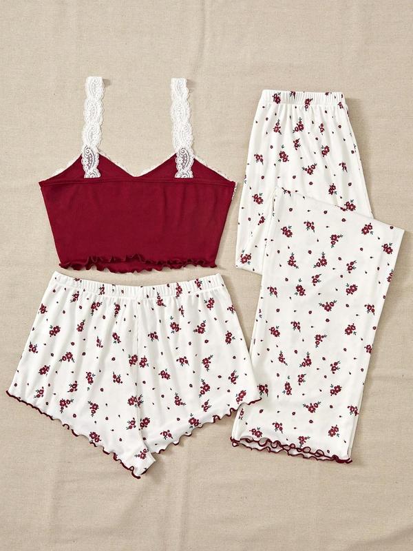 3 Counts Women's Ditsy Floral Print Contrast Lace Crop Cami Top & Bow Decor Shorts & Elastic Waist Pants Lettuce Trim Pyjama Set, Cute Nightwear, Summer Clothes, Camisole & Shorts & Trousers Pj Set, Summer Wear, Ladies Sleepwear for All Seasons