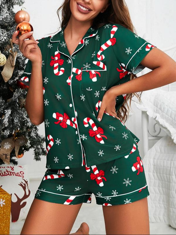 Two-piece Set Women's All Over Candy Cane Print Lapel Neck Pocket Shirt & Elastic Waist Shorts Pajama, Casual Comfy Short Sleeve Button Front Top & Shorts Pj Set, Ladies Sleepwear for All Seasons