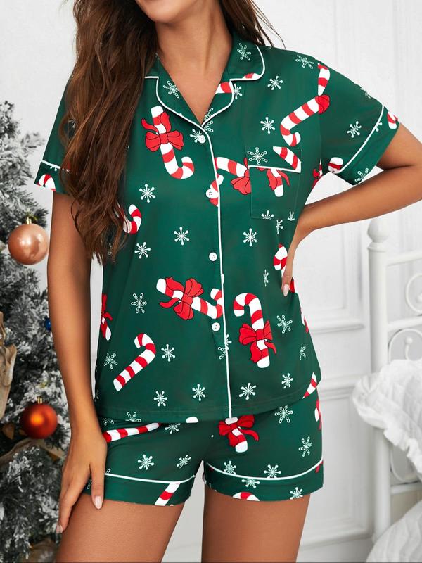 Two-piece Set Women's All Over Candy Cane Print Lapel Neck Pocket Shirt & Elastic Waist Shorts Pajama, Casual Comfy Short Sleeve Button Front Top & Shorts Pj Set, Ladies Sleepwear for All Seasons