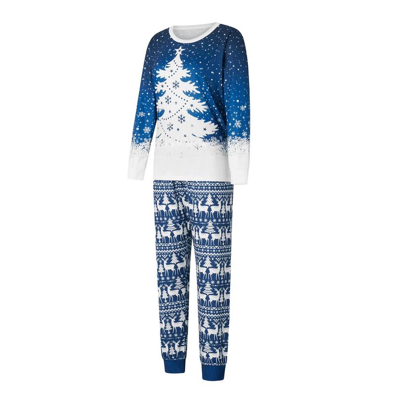 Blue Matching Christmas Pajamas For Family Snowflake Tree Print Long Sleeve Crew Neck Tops + Pants Set Sleepwear