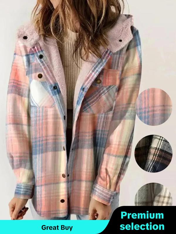 Women's Plaid Print Button Front Hooded Jacket, Casual Long Sleeve Pocket Outerwear for Fall & Winter,  Winter Clothes Women, Ladies Clothes for Daily Wear