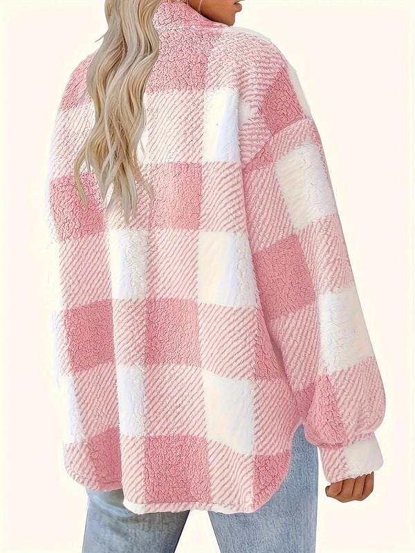 Women's Plaid Print Button Front Flap Pocket Drop Shoulder Plush Jacket, Casual Long Sleeve Collared Outerwear for Fall & Winter, Ladies Clothes for Daily Wear Tops