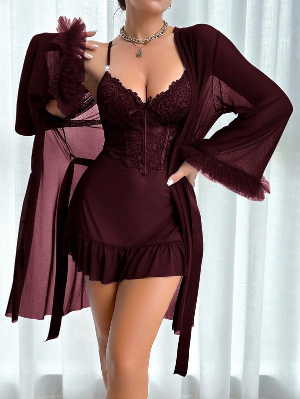 Herringbone Design Lace Strap Nightgown & Floral Trim Wide Sleeve Mesh Robe Set for Women - Womenswear, Loungewear girly night