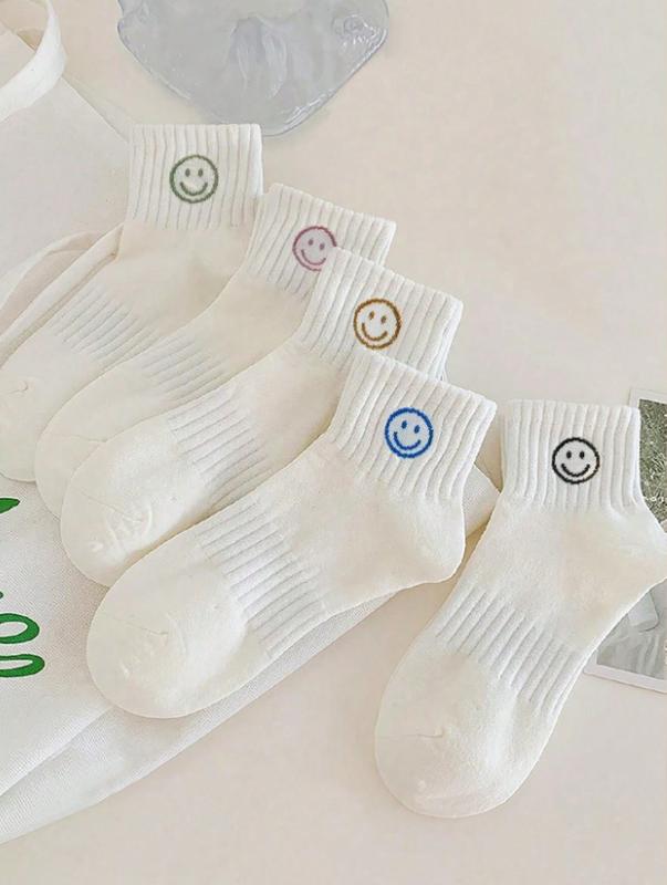 5pairs Set Women's Simple Ins Style White Smiling Face Short Socks