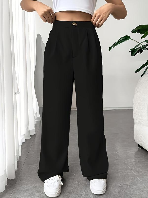 Women's Solid Button Plicated High Waist Wide Leg Pants, Casual Comfy Trousers for Daily Wear, Baggy Pants for Women, Ladies Bottoms for All Seasons, Stockholm Style Black Girl