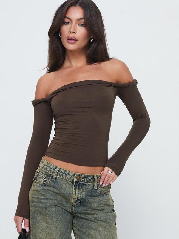 Women's Plain Off Shoulder Crop Tee, Casual Long Sleeve T-shirt for Fall & Winter, Women's Clothing for Daily Wear