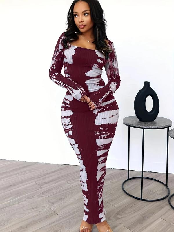 Women's All Over Print Square Neck Bodycon Dress, Lady Casual Wear, Comfort Womenswear, Elegant Longsleeves Ribbed Long Dress for Daily Wear, Chic Ladies Clothes for All Seasons