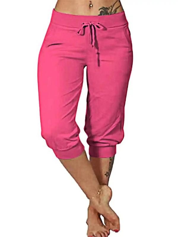  Solid Drawstring Waist Capri Pants, Casual Comfy Pocket Trousers for Daily Wear, Summer Outfits 2024, Pants for Women, Women's Bottoms for All Seasons