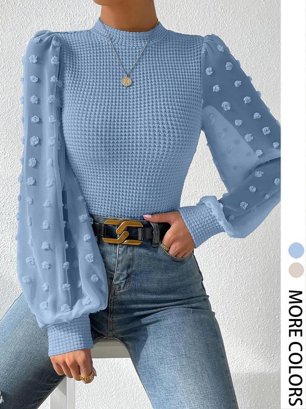 Women's Swiss Dot Bishop Sleeve Mock Neck Ribbed Tee, Casual Long Sleeve T-shirt for Spring & Fall, Women's Top for Daily Wear, Fall Outfits 2024