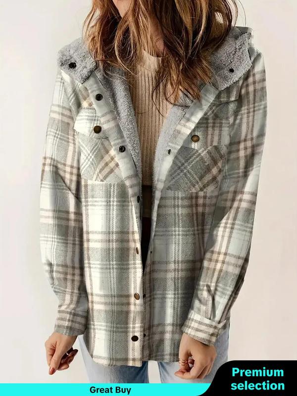 Women's Plaid Print Button Front Hooded Jacket, Casual Long Sleeve Pocket Outerwear for Fall & Winter,  Winter Clothes Women, Ladies Clothes for Daily Wear