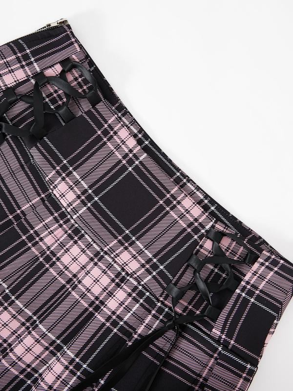 Women's Plaid Print Lace Up Pleated Skirt, Fashionable High Waist Skirt for Daily Wear, Ladies Bottoms for All Seasons