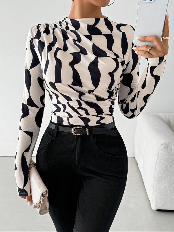 Women's All Over Print Ruched Mock Neck Tee, Casual Long Sleeve T-shirt for Fall & Winter, Women's Top Clothing for Daily Wear