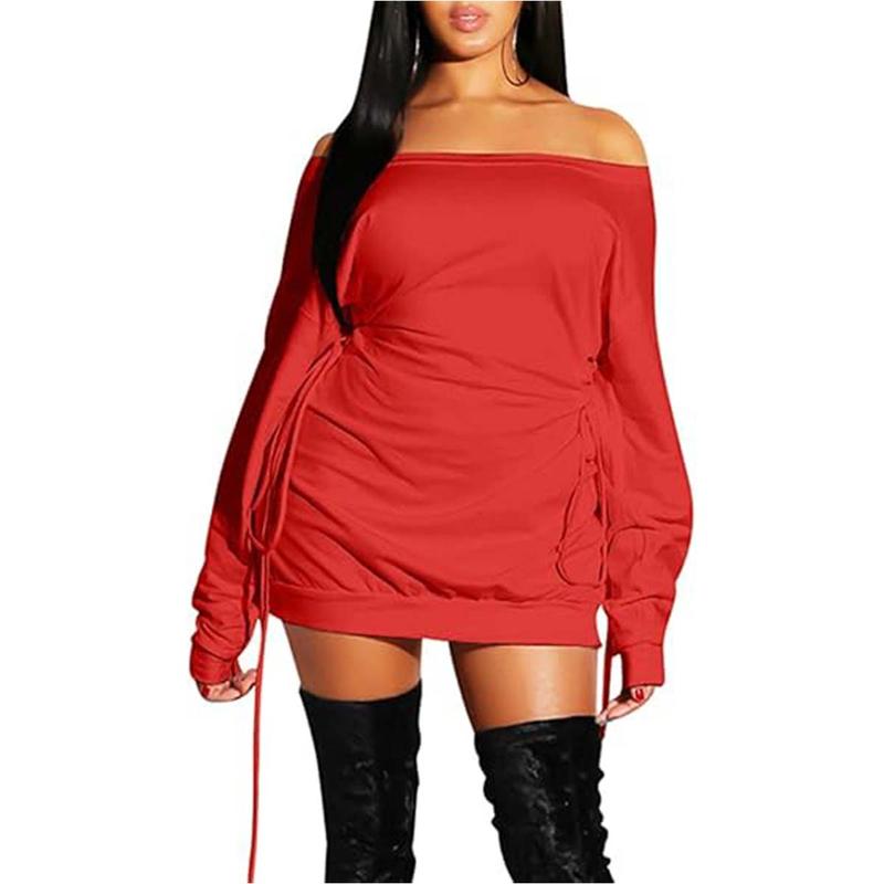 OYS  Women's Sexy Casual Off Shoulder Long Sleeve Lace Up Loose Club Mini Dress