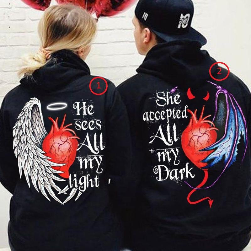 Couple Hoodie, He Sees All My Light, She Accepted All My Dark Couple, Matching Valentine Gift