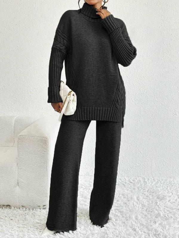 Two-piece Set Women's Textured Split High Low Hem Sweater & Wide Leg Knitting Pants, Casual  Fashionable   Style Cozy Turtleneck Jumper & Trousers for Daily Outdoor Wear, Women's Knitwear for Fall & Winter