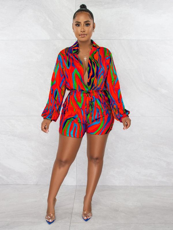 Women's All Over Print Bishop Sleeve Drawstring Romper, Casual Long Sleeve Collared Romper for Spring & Fall, Women's Clothes for Daily Wear