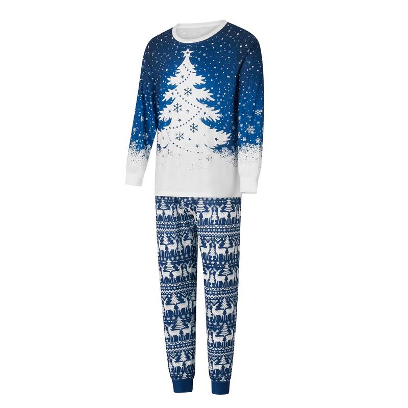 Blue Matching Christmas Pajamas For Family Snowflake Tree Print Long Sleeve Crew Neck Tops + Pants Set Sleepwear