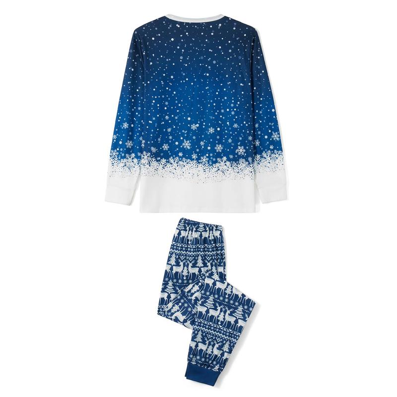 Blue Matching Christmas Pajamas For Family Snowflake Tree Print Long Sleeve Crew Neck Tops + Pants Set Sleepwear