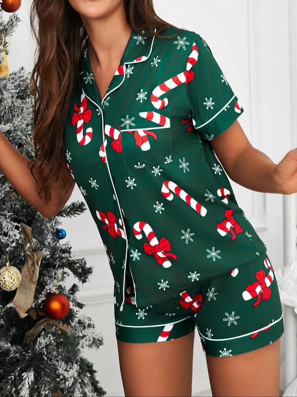 Two-piece Set Women's All Over Candy Cane Print Lapel Neck Pocket Shirt & Elastic Waist Shorts Pajama, Casual Comfy Short Sleeve Button Front Top & Shorts Pj Set, Ladies Sleepwear for All Seasons