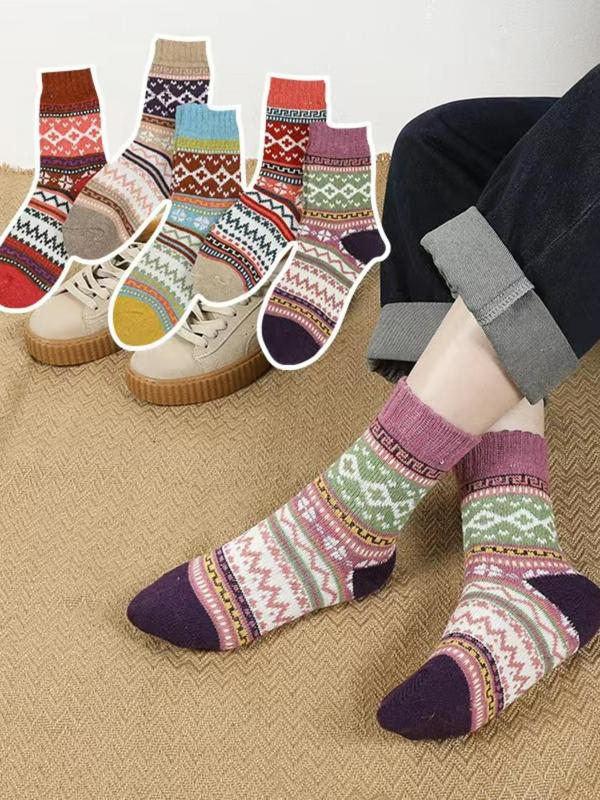 Women's Ethnic Pattern Mid-calf Socks, 5 Pairs Casual Soft Comfy Breathable Socks for Fall & Winter, Women's Socks for Daily Wear