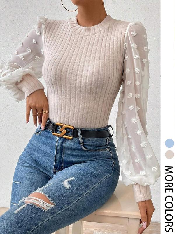 Women's Swiss Dot Bishop Sleeve Mock Neck Ribbed Tee, Casual Long Sleeve T-shirt for Spring & Fall, Women's Top for Daily Wear, Fall Outfits 2024