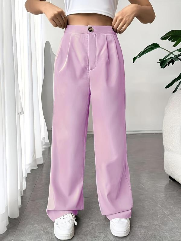 Women's Solid Button Plicated High Waist Wide Leg Pants, Casual Comfy Trousers for Daily Wear, Baggy Pants for Women, Ladies Bottoms for All Seasons, Stockholm Style Black Girl