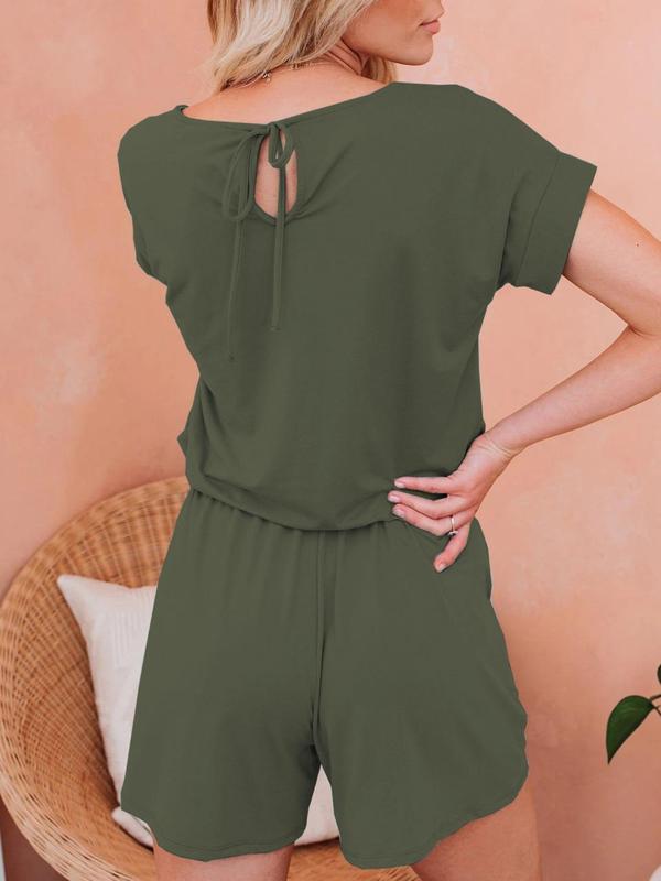 Women's Minimalist Plain Tie Back Pocket Straight Leg Romper, Lady Casual Comfort Short Sleeve Round Neck High Waist Jumpsuit for Summer, Ladies Clothes for Daily Wear, Back To School Clothes, Summer Outfits 2024 Sets, Womenswear