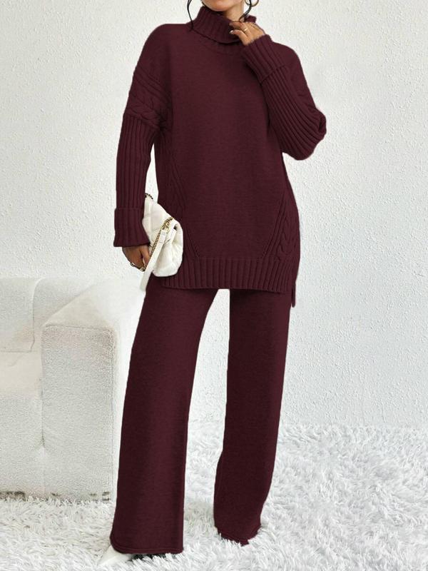 Two-piece Set Women's Textured Split High Low Hem Sweater & Wide Leg Knitting Pants, Casual  Fashionable   Style Cozy Turtleneck Jumper & Trousers for Daily Outdoor Wear, Women's Knitwear for Fall & Winter