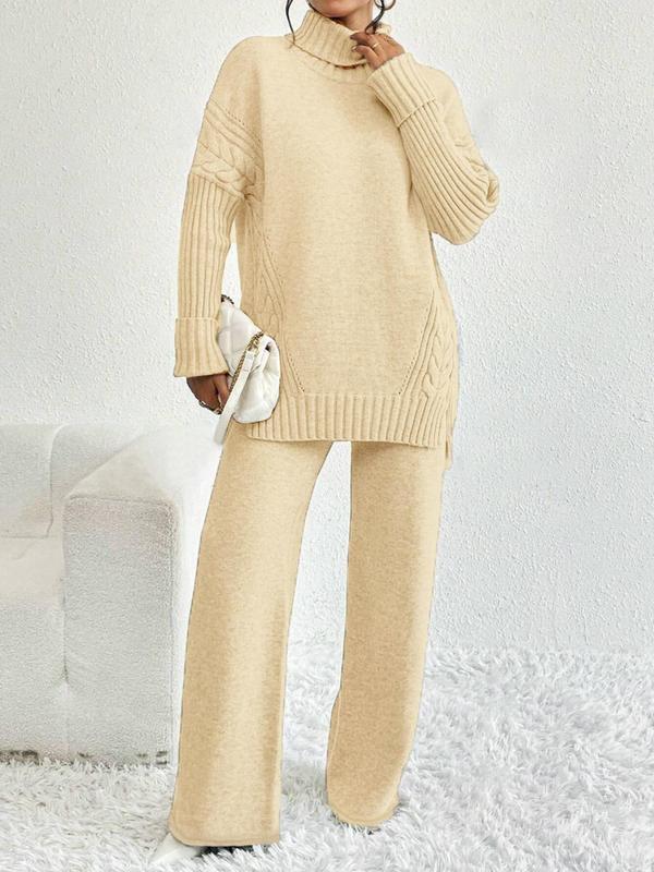 Two-piece Set Women's Textured Split High Low Hem Sweater & Wide Leg Knitting Pants, Casual  Fashionable   Style Cozy Turtleneck Jumper & Trousers for Daily Outdoor Wear, Women's Knitwear for Fall & Winter