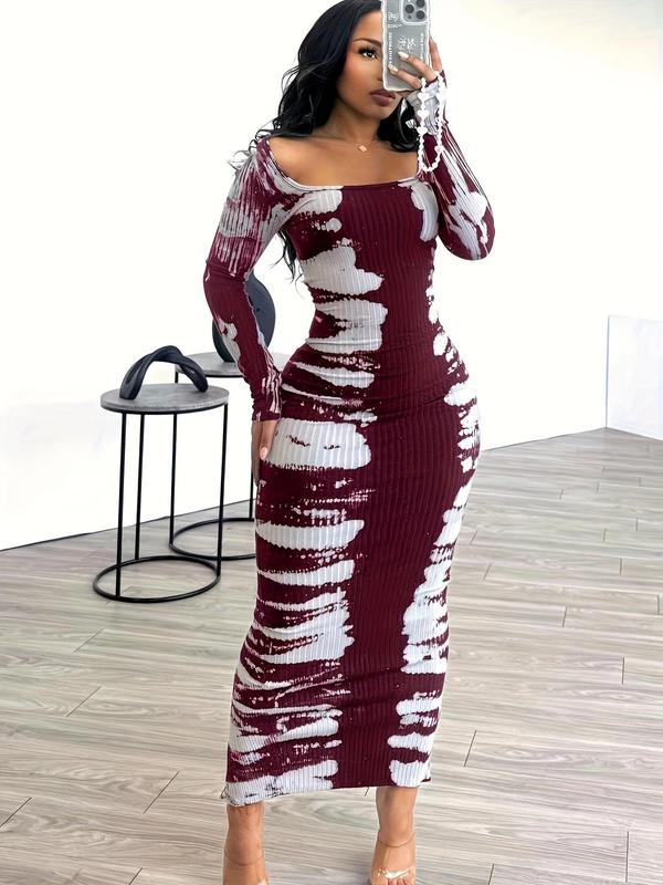 Women's All Over Print Square Neck Bodycon Dress, Lady Casual Wear, Comfort Womenswear, Elegant Longsleeves Ribbed Long Dress for Daily Wear, Chic Ladies Clothes for All Seasons