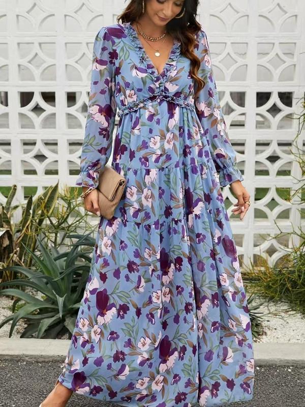 Women's Ditsy Floral Print Frill Trim Split Thigh Long Dress, Boho Bishop Sleeve V Neck A Line Dress for Spring & Fall, Dresses for Women, Women's Clothing for Daily Wear, Vow Renewal Party Pink Dress， Moo Moo Dresses