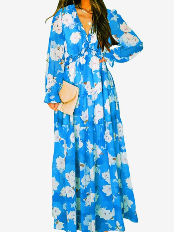 Women's Ditsy Floral Print Frill Trim Split Thigh Long Dress, Boho Bishop Sleeve V Neck A Line Dress for Spring & Fall, Dresses for Women, Women's Clothing for Daily Wear, Vow Renewal Party Pink Dress， Moo Moo Dresses