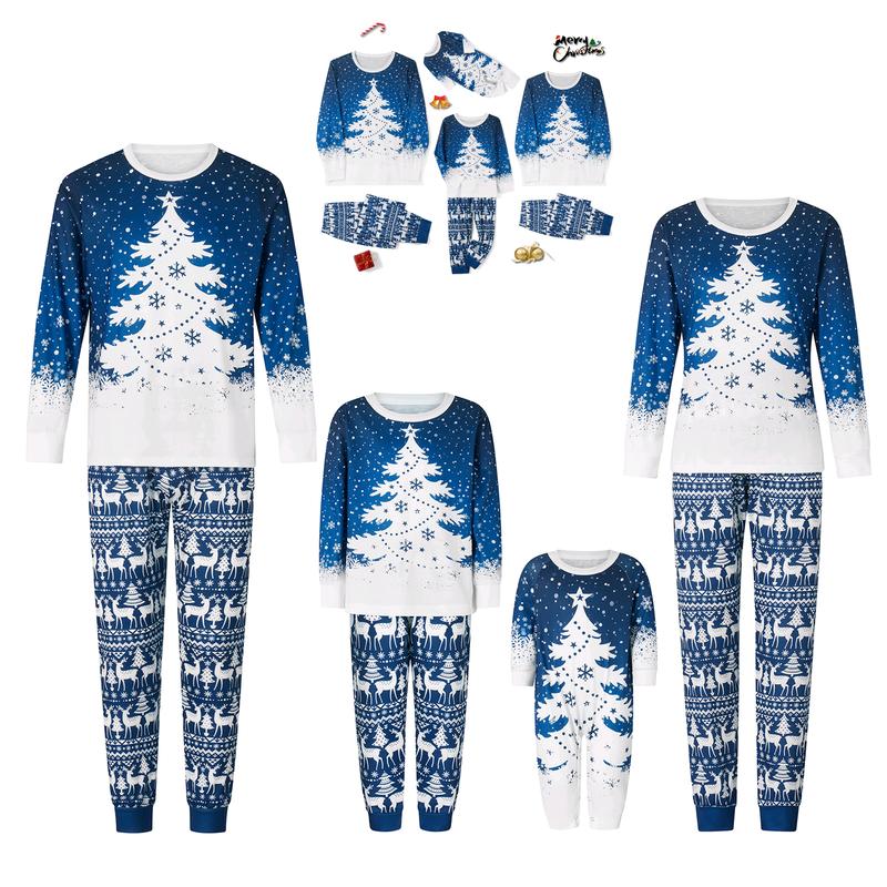 Blue Matching Christmas Pajamas For Family Snowflake Tree Print Long Sleeve Crew Neck Tops + Pants Set Sleepwear