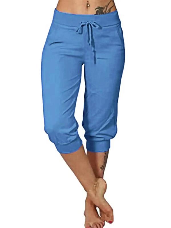  Solid Drawstring Waist Capri Pants, Casual Comfy Pocket Trousers for Daily Wear, Summer Outfits 2024, Pants for Women, Women's Bottoms for All Seasons