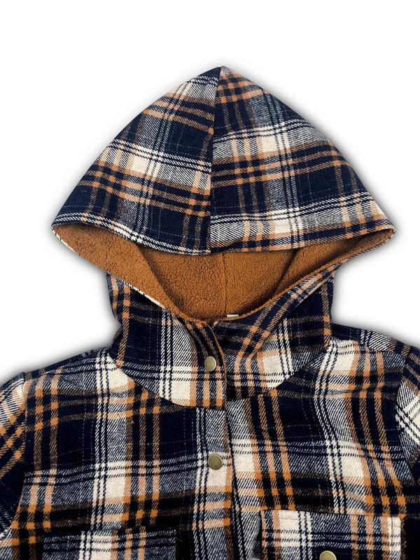 Women's Plaid Print Button Front Hooded Jacket, Casual Long Sleeve Pocket Outerwear for Fall & Winter,  Winter Clothes Women, Ladies Clothes for Daily Wear