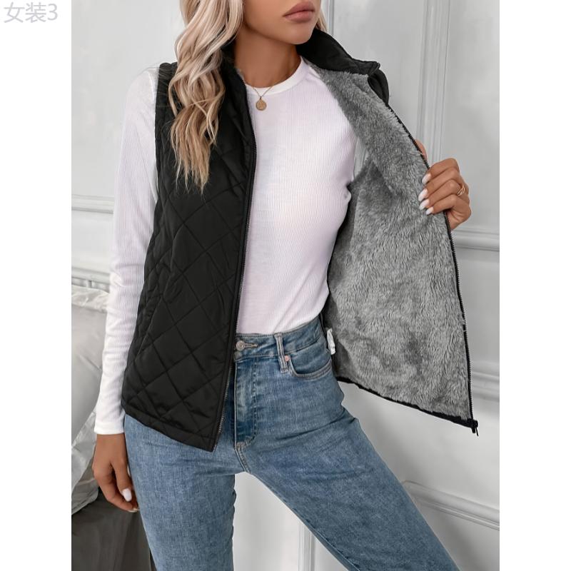 Quilted Solid Zipper Vest - Ultra-Warm, Versatile, Sleeveless Winter Outwear for Women - Perfect for Cold Weather, Outdoor Activities, and Daily Life Collar Fabric Womenswear Polyester Tops Comfort Basic High Neck