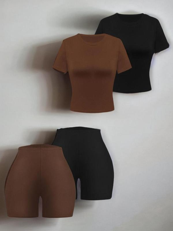 Four-piece Set Women's Solid Round Neck Tee & Elastic Waist Shorts Set, Fall Outfits 2024 Sets, Back To School Outfits, Casual Short Sleeve T-shirt & Shorts, Ladies Fall Clothes, Experimental Outfits