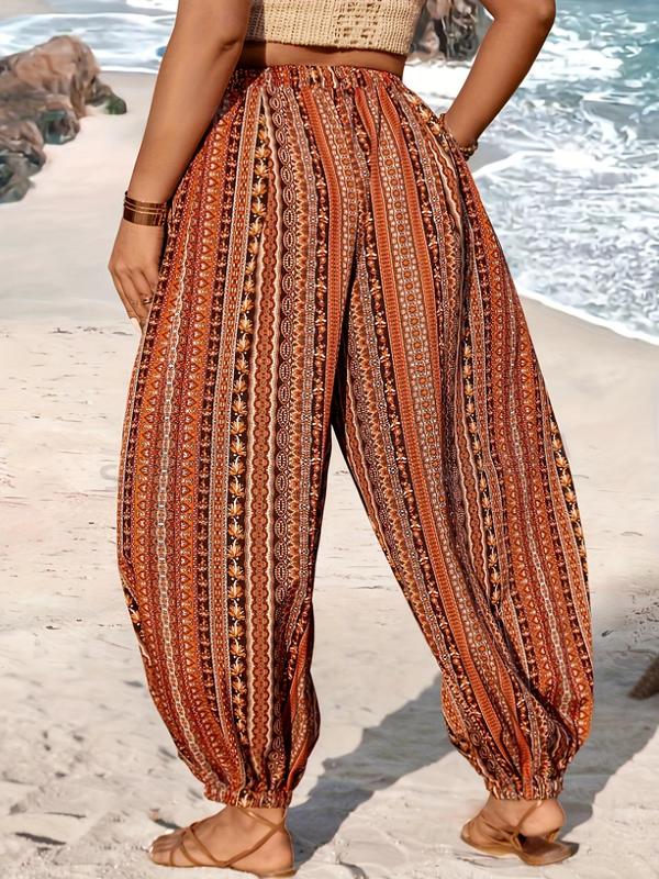 Plus Size Ethnic Pattern Tie Front Harem Pants, Boho High Waist Pocket Baggy Trousers, Women's Bottoms for Beach Vacation Holiday