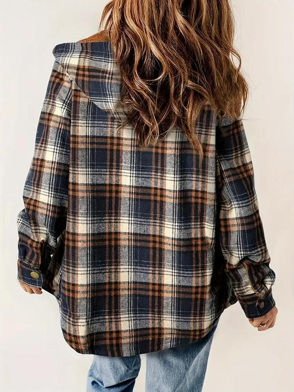 Women's Plaid Print Button Front Hooded Jacket, Casual Long Sleeve Pocket Outerwear for Fall & Winter,  Winter Clothes Women, Ladies Clothes for Daily Wear