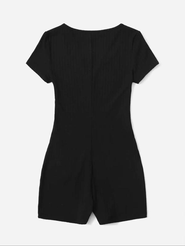 Women's Solid Notched Neck Romper, Casual Short Sleeve Romper for Summer, Fashion Women's Clothing for Daily Wear